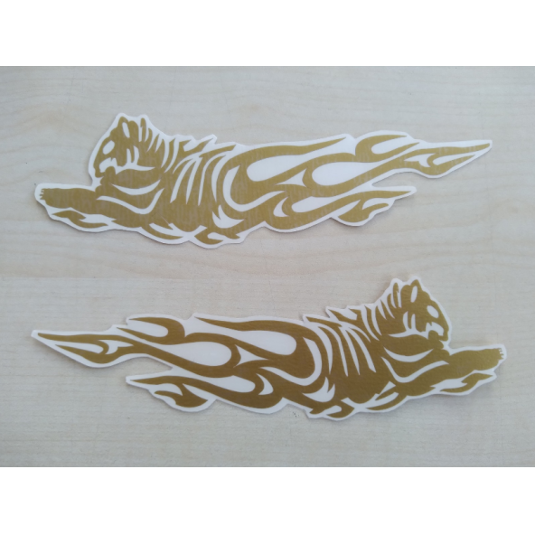 ALEVLİ KAPLAN STİCKER 2li Takım 15x4,5cm Gold Tiger KAPLAN AYNA STİCKER KAPLAN ETİKETİ, ÇIKARTMASI