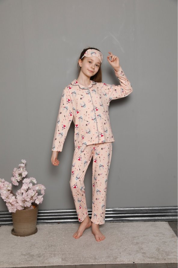 Kız Çocuk Desenli Pijama Takımı 4-12 Yaş 13742