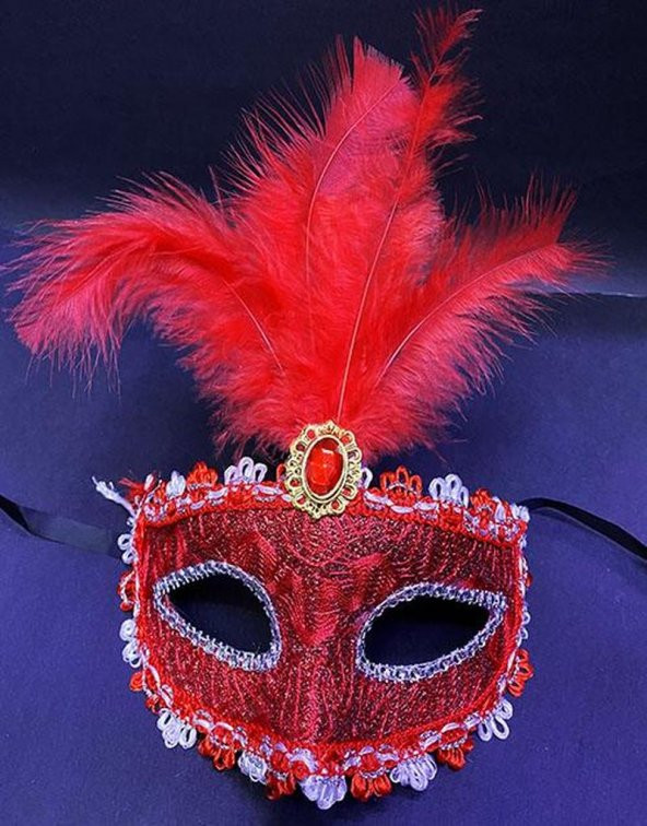 Kırmızı Dantel İşlemeli Balo Maskesi Parti Maskesi 16x22 cm