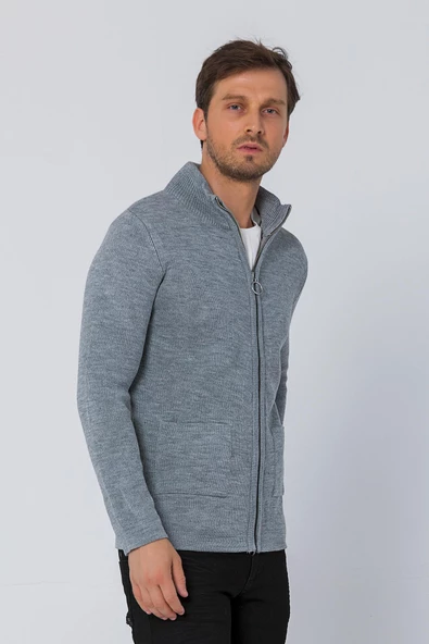 Erkek Dik Yaka Fermuarlı Cepli Triko Klasik Rahat Hırka - 11