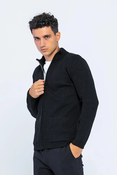 Erkek Dik Yaka Fermuarlı Cepli Triko Klasik Rahat Hırka - 3