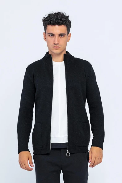 Erkek Dik Yaka Fermuarlı Cepli Triko Klasik Rahat Hırka - 8