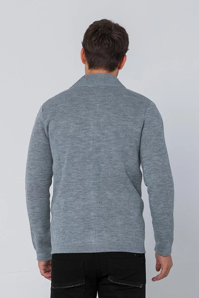 Erkek Dik Yaka Fermuarlı Cepli Triko Klasik Rahat Hırka - 12