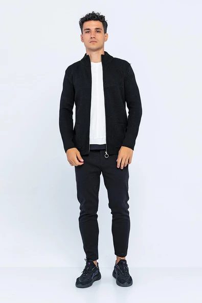 Erkek Dik Yaka Fermuarlı Cepli Triko Klasik Rahat Hırka - 7