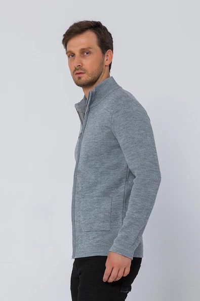 Erkek Dik Yaka Fermuarlı Cepli Triko Klasik Rahat Hırka - 10