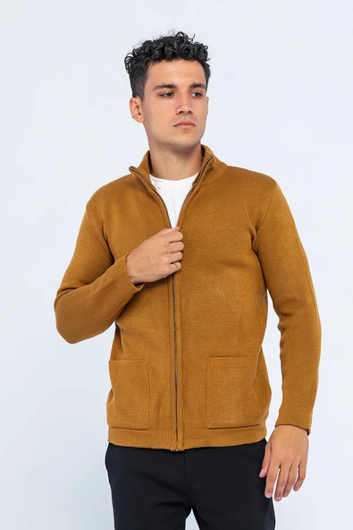 Erkek Dik Yaka Fermuarlı Cepli Triko Klasik Rahat Hırka