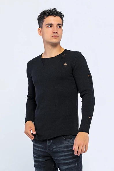 Erkek Bisiklet Yaka Yırtık Detaylı Kalın Triko Kazak - 4