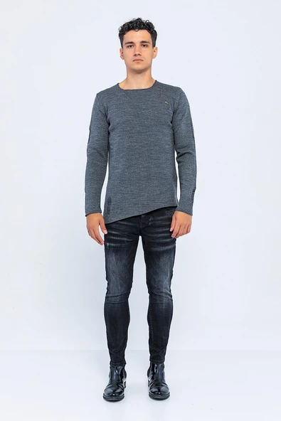 Erkek Bisiklet Yaka Yırtık Detaylı Kalın Triko Kazak - 6