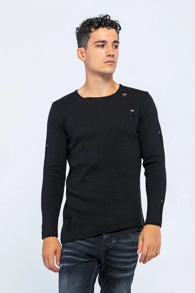 Erkek Bisiklet Yaka Yırtık Detaylı Kalın Triko Kazak - 12