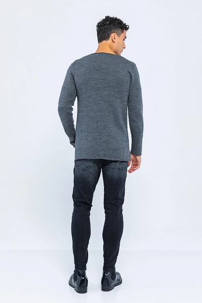 Erkek Bisiklet Yaka Yırtık Detaylı Kalın Triko Kazak - 8