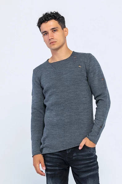 Erkek Bisiklet Yaka Yırtık Detaylı Kalın Triko Kazak - 9