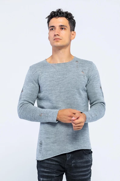 Erkek Bisiklet Yaka Yırtık Detaylı Kalın Triko Kazak - 3