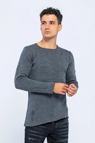 Erkek Bisiklet Yaka Yırtık Detaylı Kalın Triko Kazak - 7