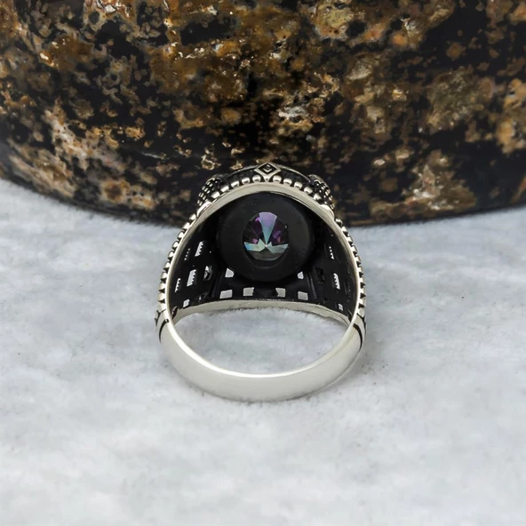 Mistik Topaz Taşlı Pençeli 925 Gümüş Erkek Yüzük - 7