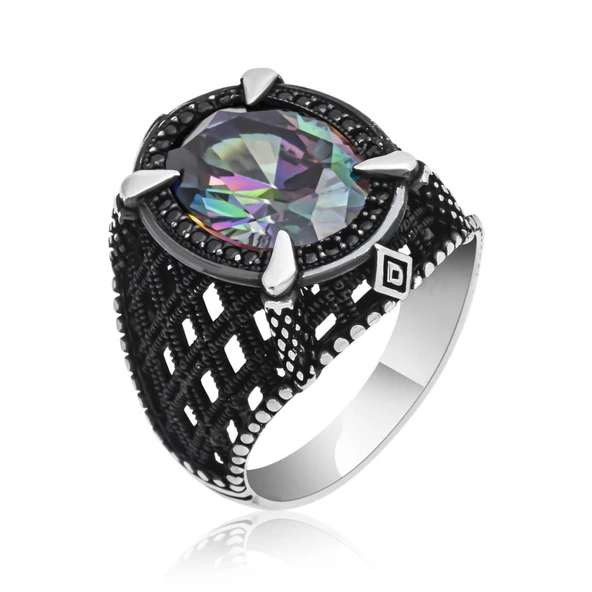 Mistik Topaz Taşlı Pençeli 925 Gümüş Erkek Yüzük - 2