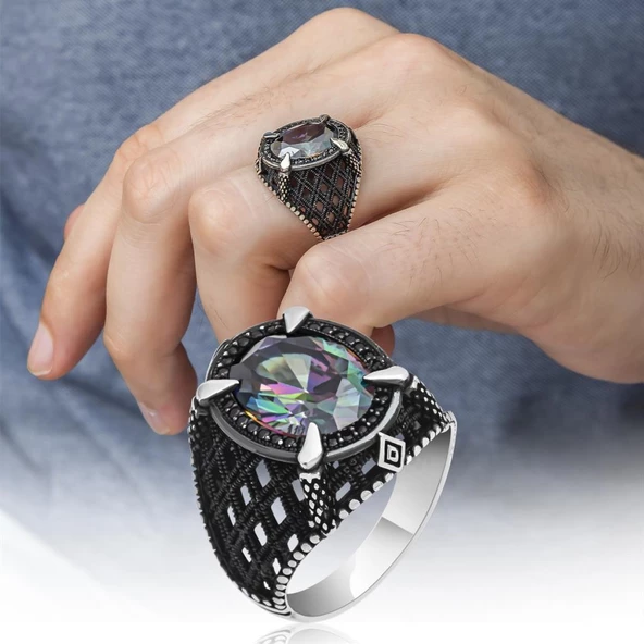 Mistik Topaz Taşlı Pençeli 925 Gümüş Erkek Yüzük - 12