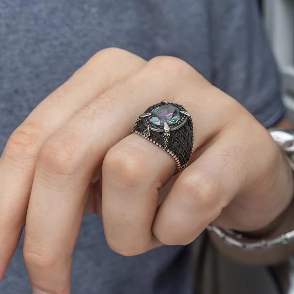 Mistik Topaz Taşlı Pençeli 925 Gümüş Erkek Yüzük - 3