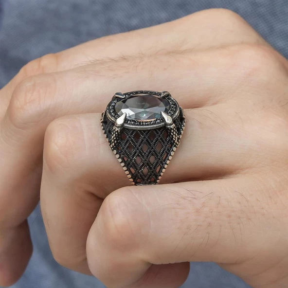 Mistik Topaz Taşlı Pençeli 925 Gümüş Erkek Yüzük - 6