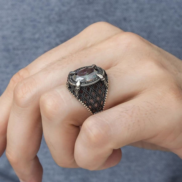 Mistik Topaz Taşlı Pençeli 925 Gümüş Erkek Yüzük - 4