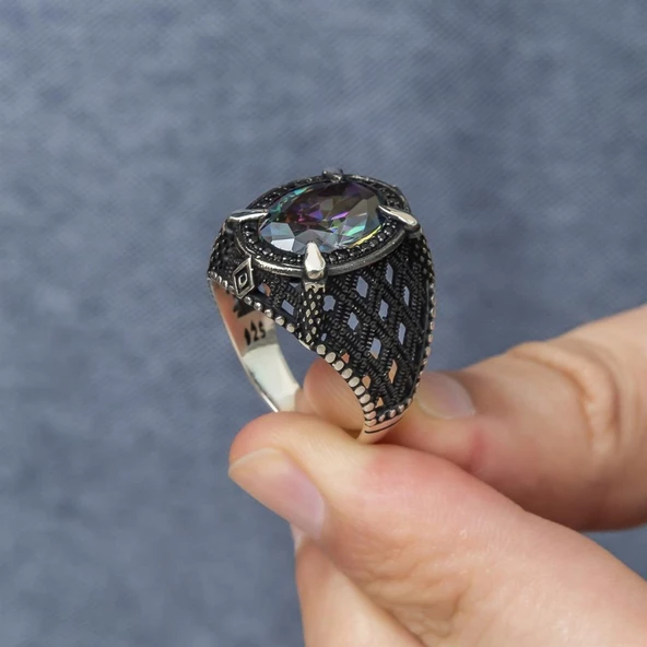 Mistik Topaz Taşlı Pençeli 925 Gümüş Erkek Yüzük - 9