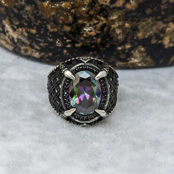 Mistik Topaz Taşlı Pençeli 925 Gümüş Erkek Yüzük - 11