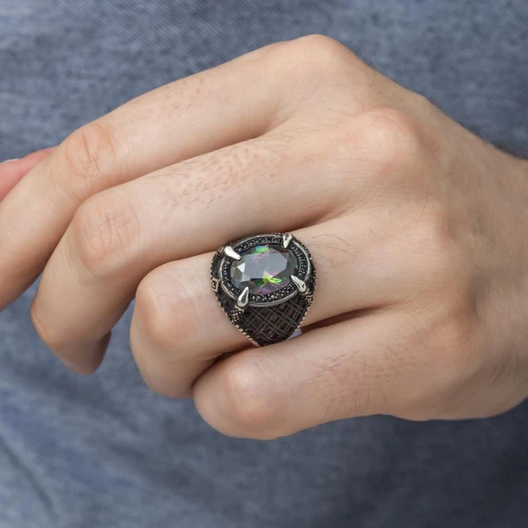 Mistik Topaz Taşlı Pençeli 925 Gümüş Erkek Yüzük - 8