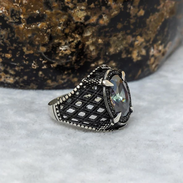 Mistik Topaz Taşlı Pençeli 925 Gümüş Erkek Yüzük - 10