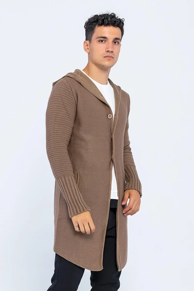 Erkek Kapüşonlu Düğmeli Asimetrik Triko Uzun Rahat Spor Hırka - 2