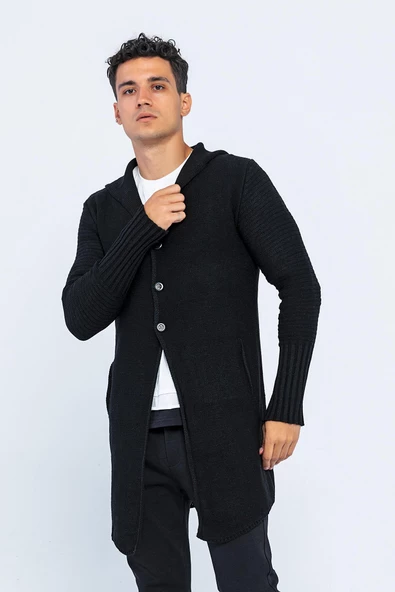 Erkek Kapüşonlu Düğmeli Asimetrik Triko Uzun Rahat Spor Hırka - 10