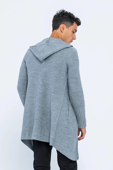 Erkek Kapüşonlu Düğmeli Asimetrik Triko Uzun Rahat Spor Hırka - 9