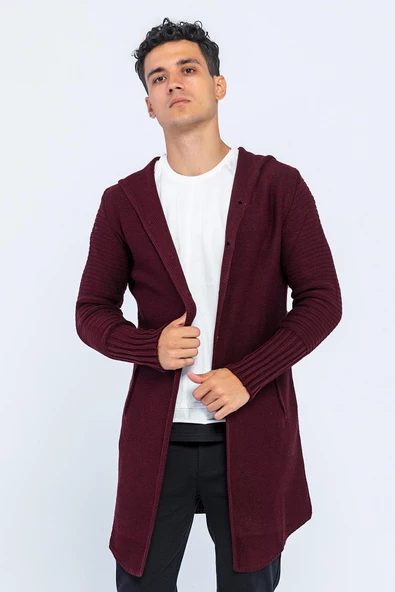 Erkek Kapüşonlu Düğmeli Asimetrik Triko Uzun Rahat Spor Hırka - 6