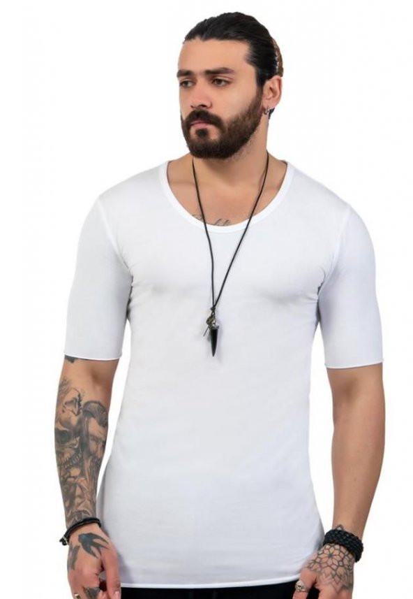 Capotrio Erkek Bohem Kısa Kol Uzun T-Shirt Beyaz