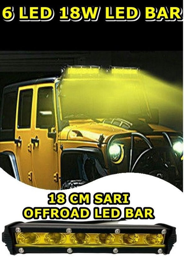 Off Road Sarı 6 Led Bar Düz 18 cm Projektör Led Lambası