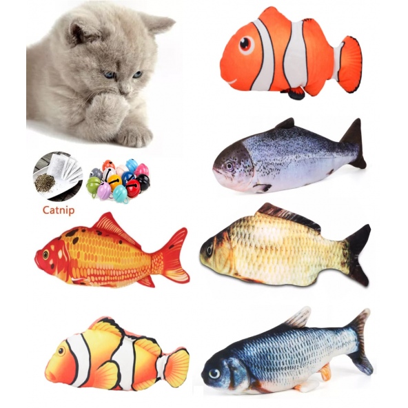 TİNEKE 6 Adet 3d Peluş Kedi Oyuncağı Balık Kedi Nanesi Otlu Çıngıraklı
