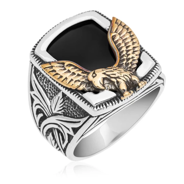 Kartal Motifli Kare Siyah Oniks Taşlı 925 Gümüş Erkek Yüzük - 5