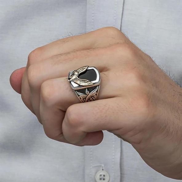 Kartal Motifli Kare Siyah Oniks Taşlı 925 Gümüş Erkek Yüzük - 6