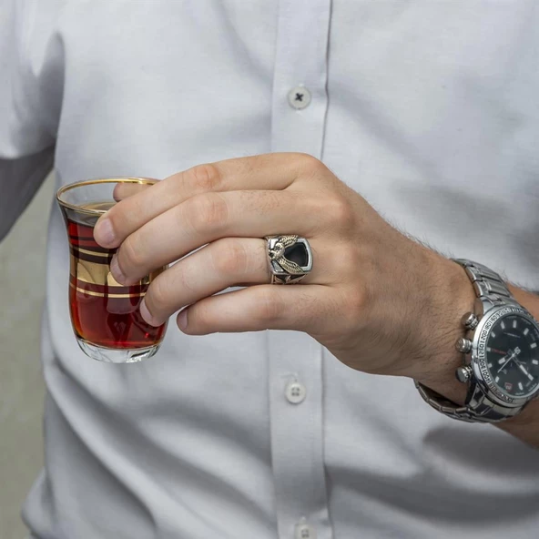 Kartal Motifli Kare Siyah Oniks Taşlı 925 Gümüş Erkek Yüzük - 2