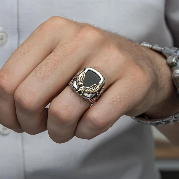 Kartal Motifli Kare Siyah Oniks Taşlı 925 Gümüş Erkek Yüzük - 8