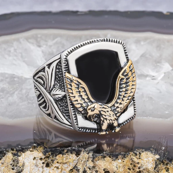 Kartal Motifli Kare Siyah Oniks Taşlı 925 Gümüş Erkek Yüzük - 3