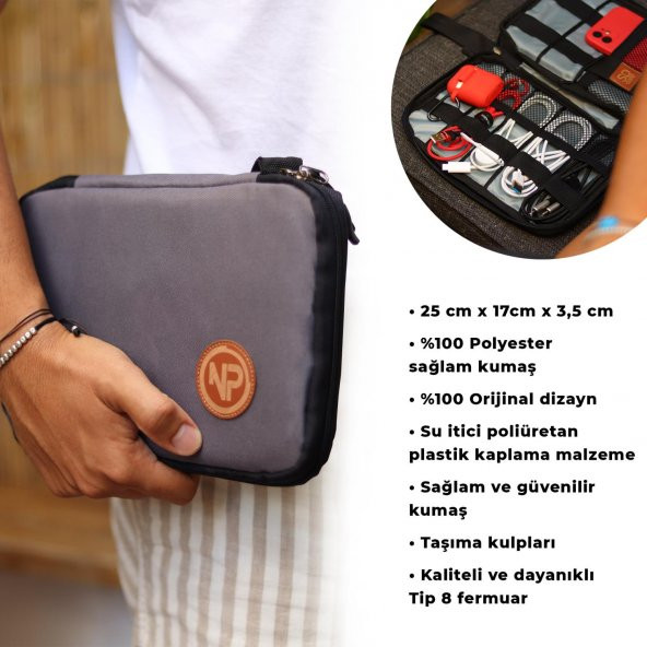 Npo Array Kablo, Makyaj ve Aksesuar Organizer Çantası-Gri - 7