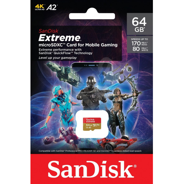 SanDisk Extreme 64GB 170/80MB/s microSDXC A2 V30 Mobile Gaming Hafıza Kartı SDSQXAH-064G-GN6GN