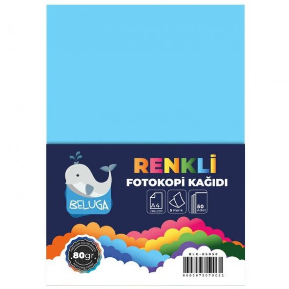Beluga A4 Canlı ve Pastel Renkler Fotokopi Kağıdı 5 Renk 80 Gr ( 1. Sınıf Kağıt )  50Li
