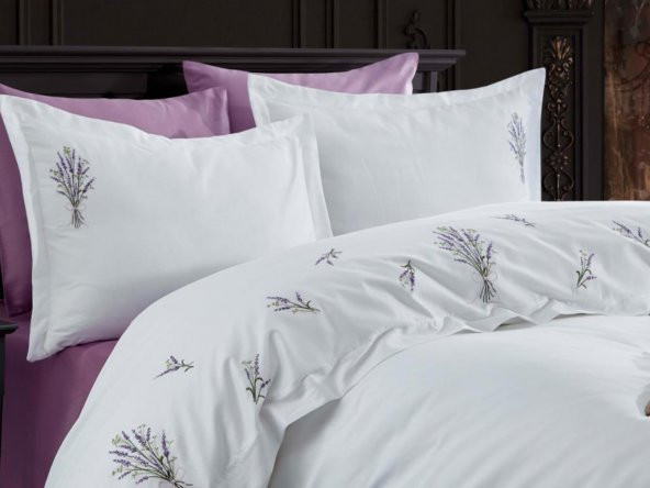 Lavender Nakışlı Pamuk Saten Çift Kişilik Nevresim Takımı - 2