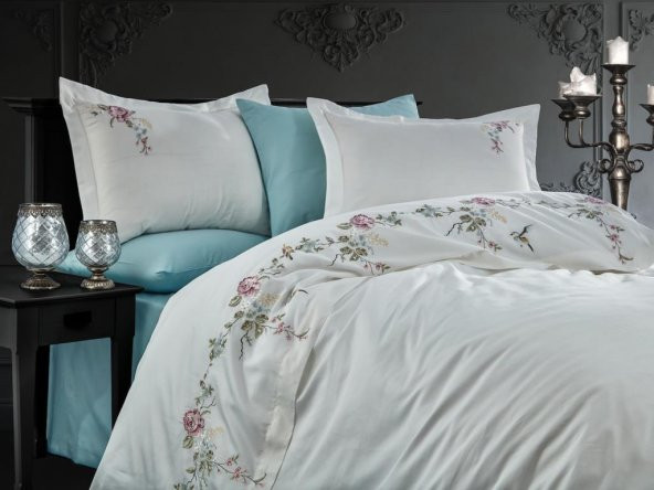 Rüya Nakışlı Pamuk Saten Çift Kişilik Nevresim Takımı Krem ürün görseli