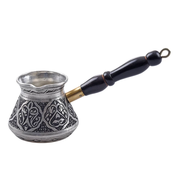 Nusnus Bakır Kahverengi Ahşap Saplı Oval Lale Motif Cezve Gümüş Küçük Boy No1