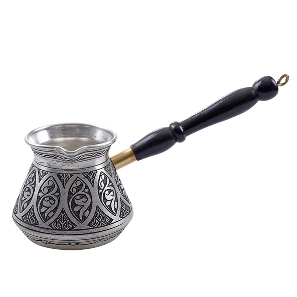 Nusnus Bakır Siyah Ahşap Saplı Oval Lale Motif Cezve Gümüş Büyük Boy No1