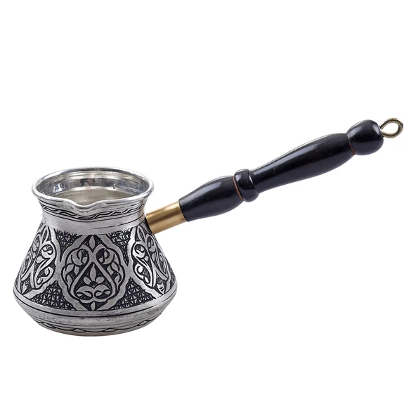 Nusnus Bakır Kahverengi Ahşap Saplı Oval Lale Motif Cezve Gümüş Orta Boy No1