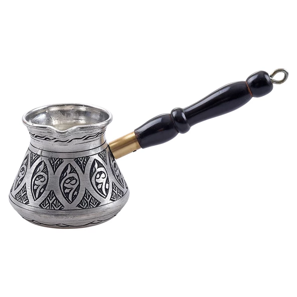 Nusnus Bakır Siyah Ahşap Saplı Oval Lale Motif Cezve Gümüş Küçük Boy No1