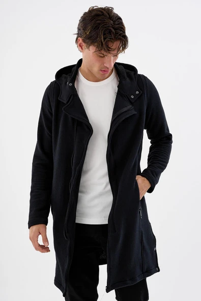 Erkek Kapüşonlu Fermuarlı Cepli Triko Uzun Salaş Spor Hırka - 10