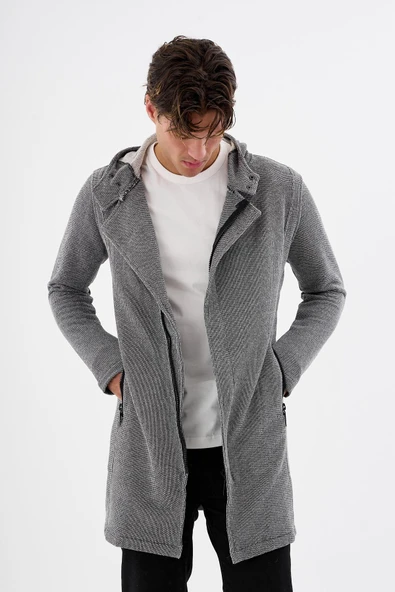 Erkek Kapüşonlu Fermuarlı Cepli Triko Uzun Salaş Spor Hırka - Resim 12